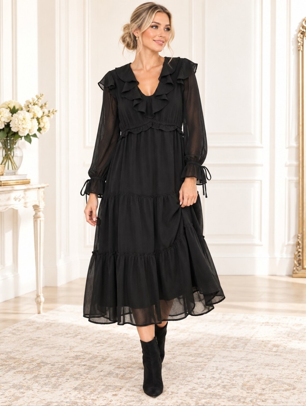 Black Ruffle Tiered Midi Dress Sheer Sleeve Romantic | Size Large